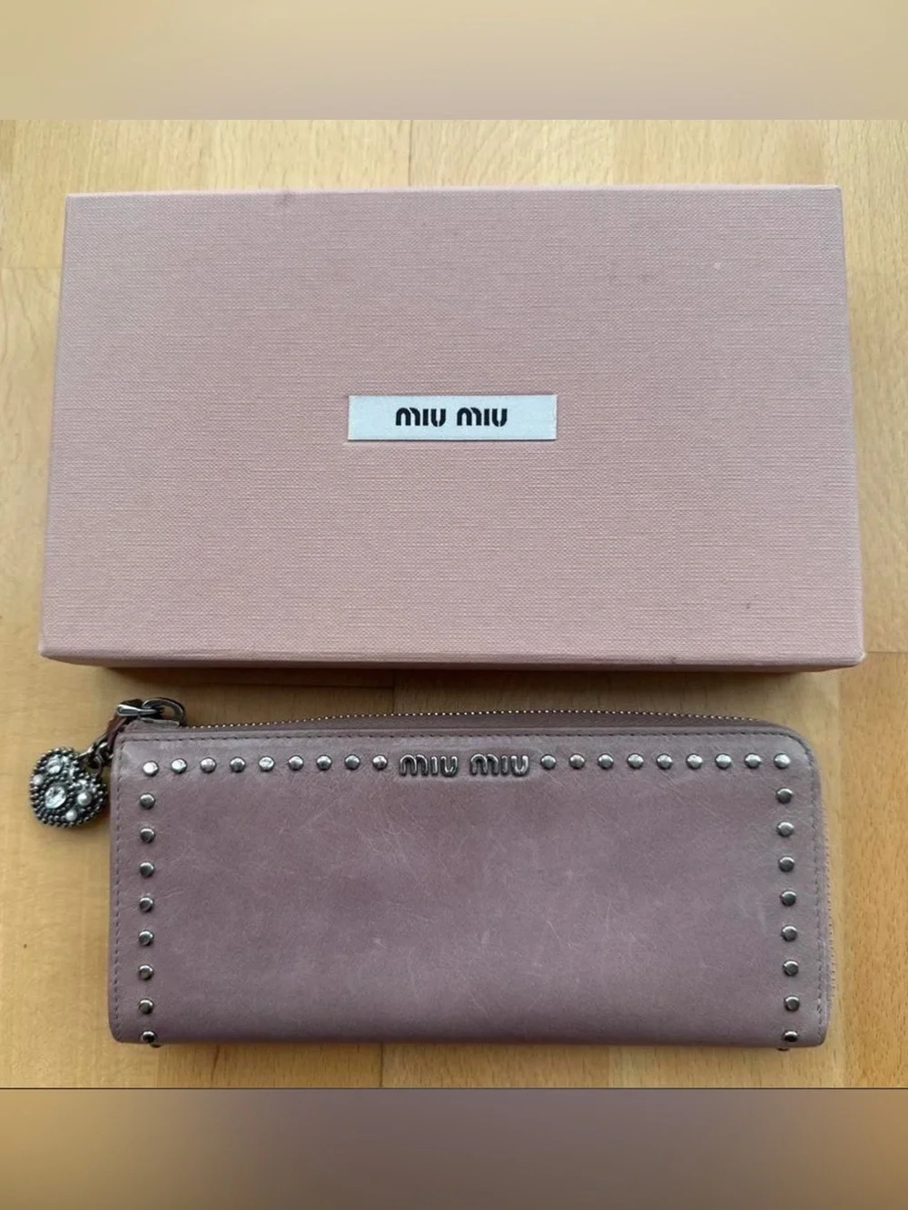 Miu Miu Pink Studded Leather Zip Wallet with Heart Charm